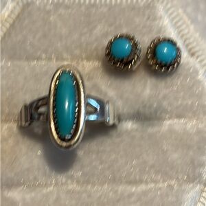 Vintage Sterling Silver 925 genuine Turquoise stud earrings and Ring size 5 set